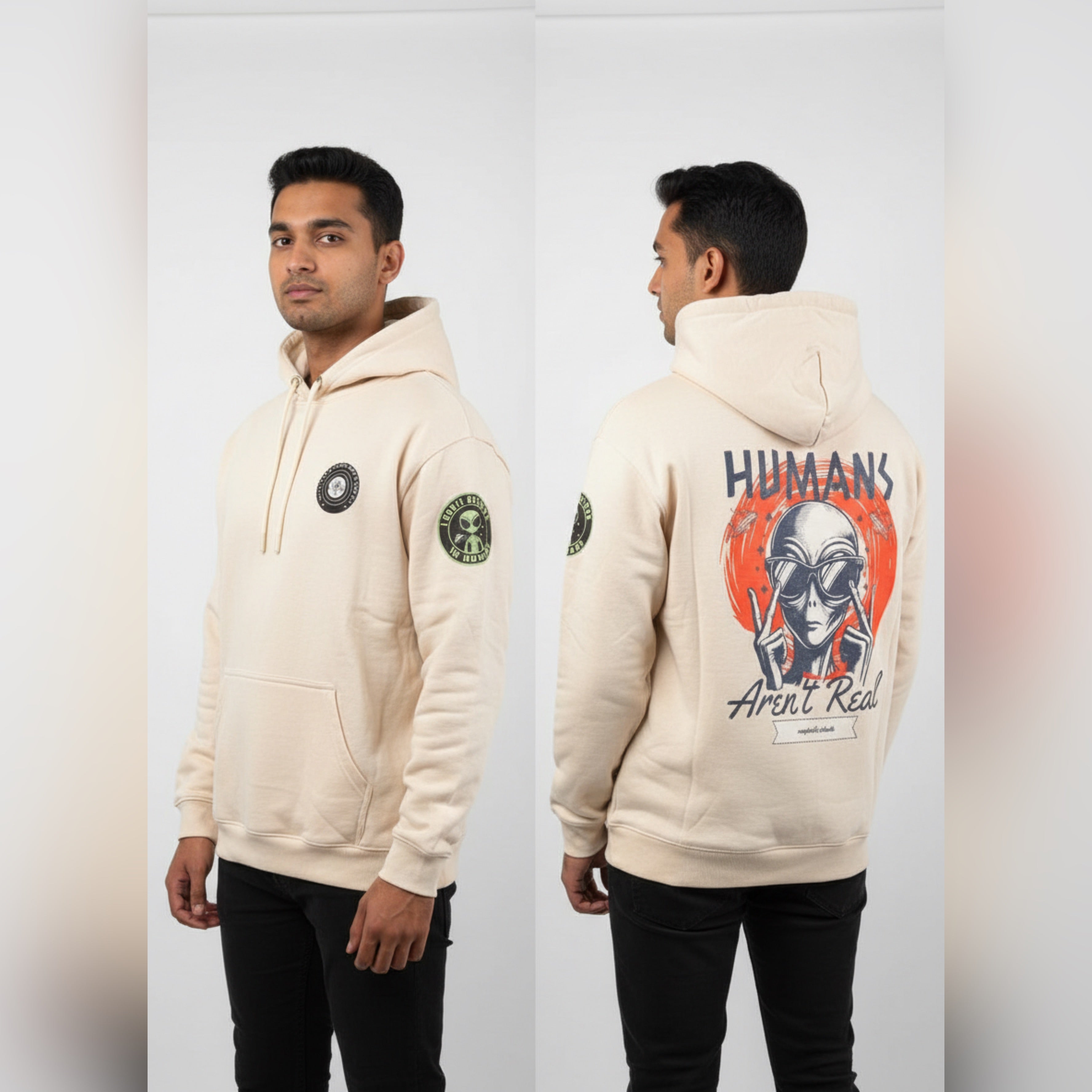 Humans Aren’t Real” Premium Oversized Hoodie – Beige Unisex